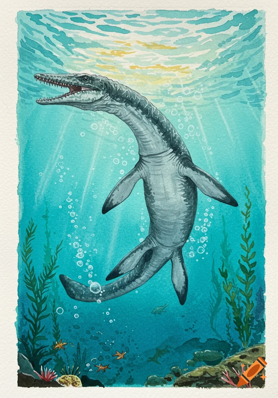 Watercolor painting of a mosasaurus swimming in a turquoise ocean, with light rays from above and seaweed below.