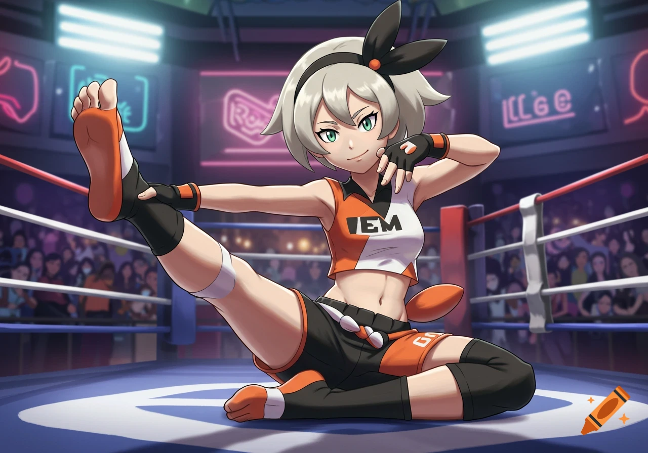 Anime style Pokemon gym leader Bea stretches in a boxing ring, raising one leg to show the sole of her foot, with a crowd in the background.