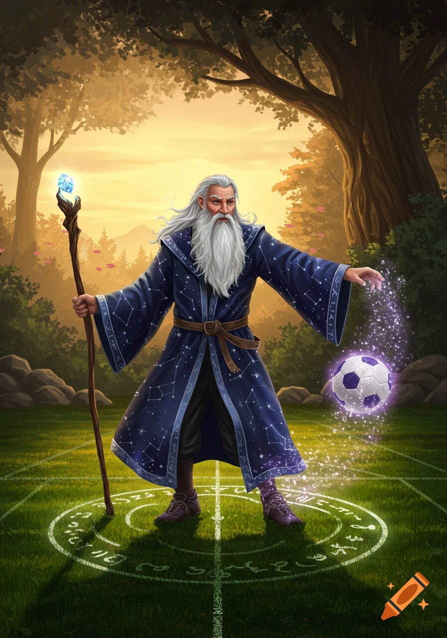 A powerful wizard with a long white beard, wearing a starry blue robe, casts a spell on a floating football in a magical forest clearing.
