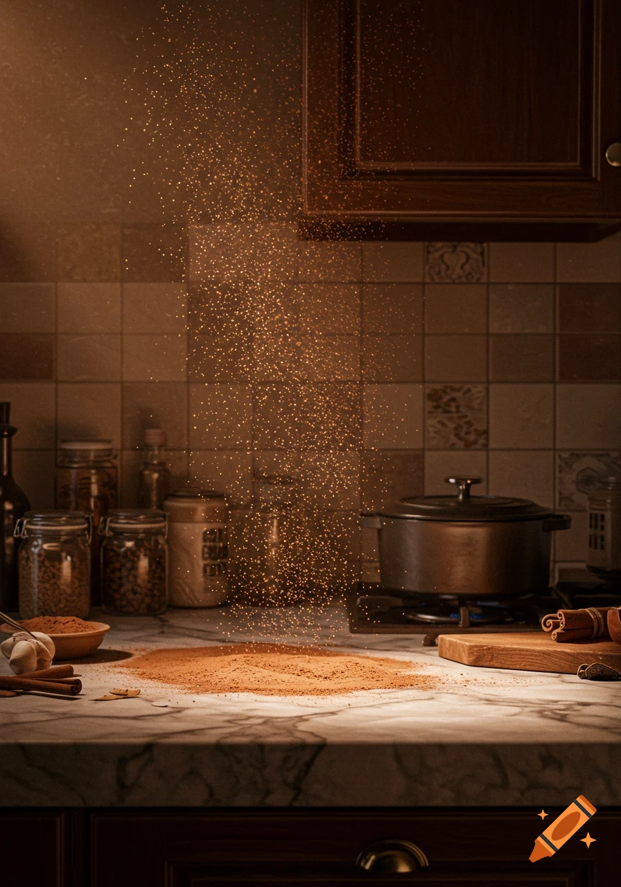 Photorealistic image of cocoa powder falling onto a marble kitchen counter, surrounded by spices, jars, and a pot.
