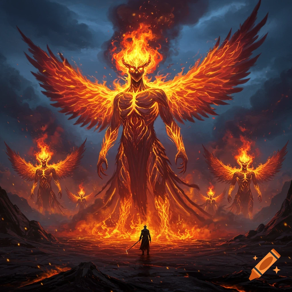 A lone figure confronts giant winged fire demons in a fiery landscape under a dark sky, in a fantasy digital painting.