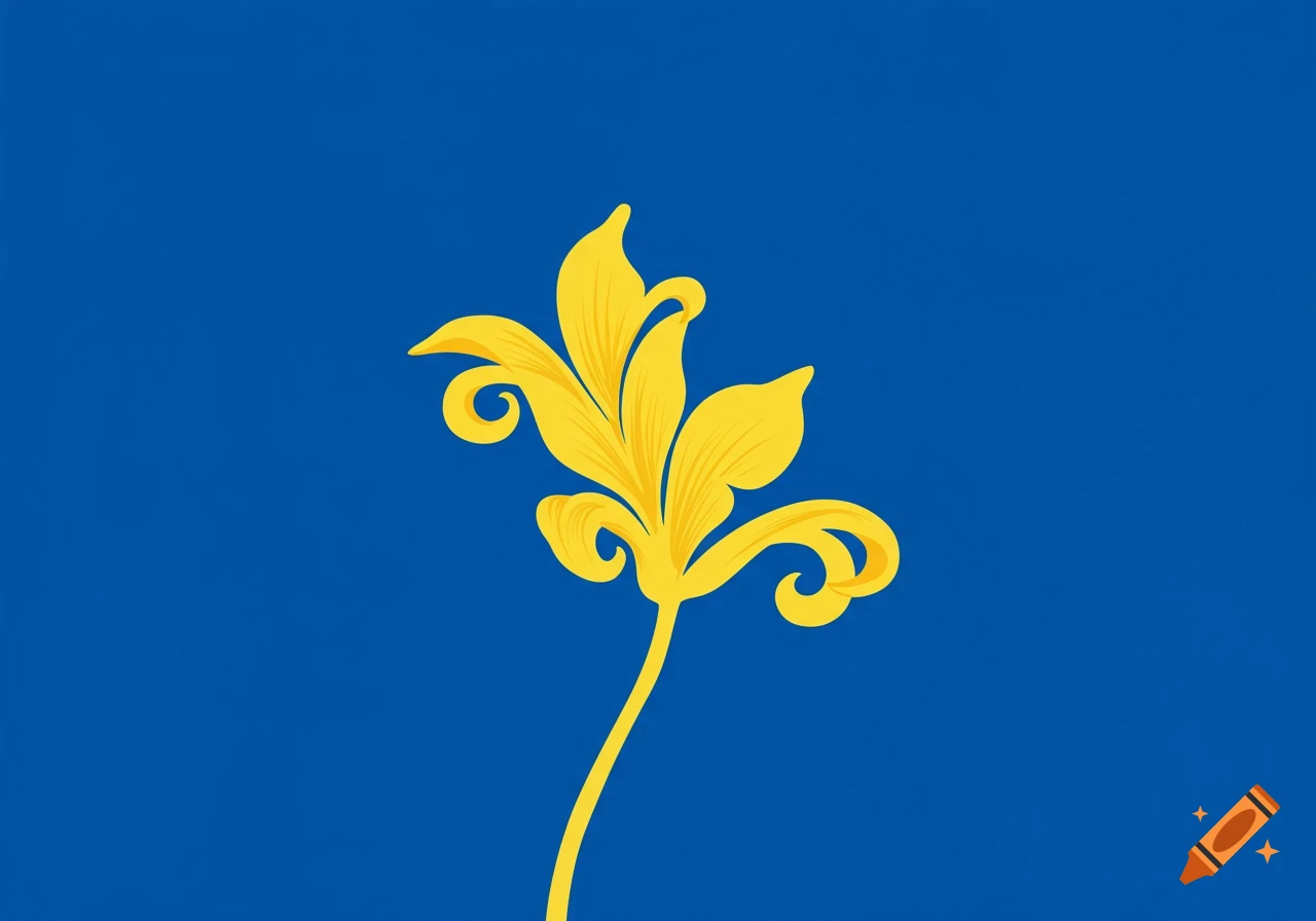 A yellow stylized flower silhouette with curved petals and stem against a solid blue background.