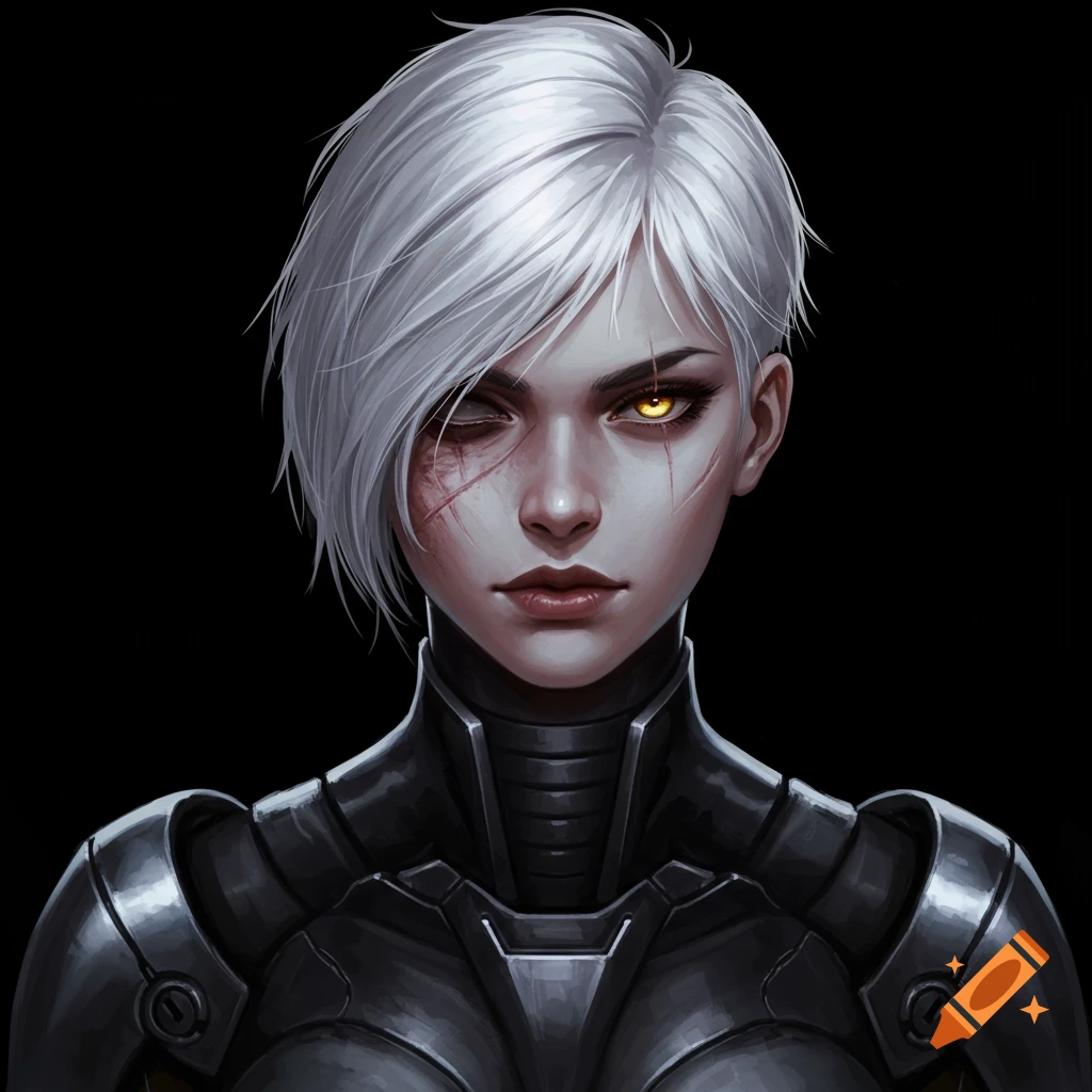 Pale woman with short white hair, one amber eye, and facial scars, wearing black power armor against a black background, digital art style.