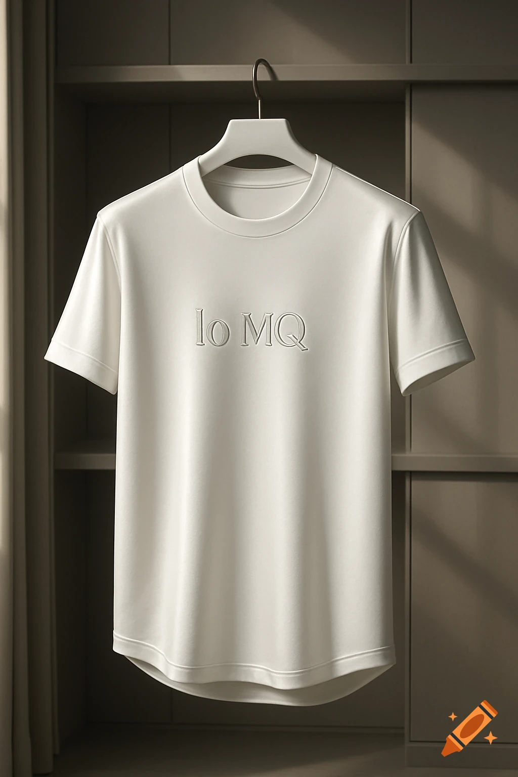 A white short-sleeve t-shirt with 'lo MQ' embossed on the chest, hanging on a white hanger against a dark wooden shelf.
