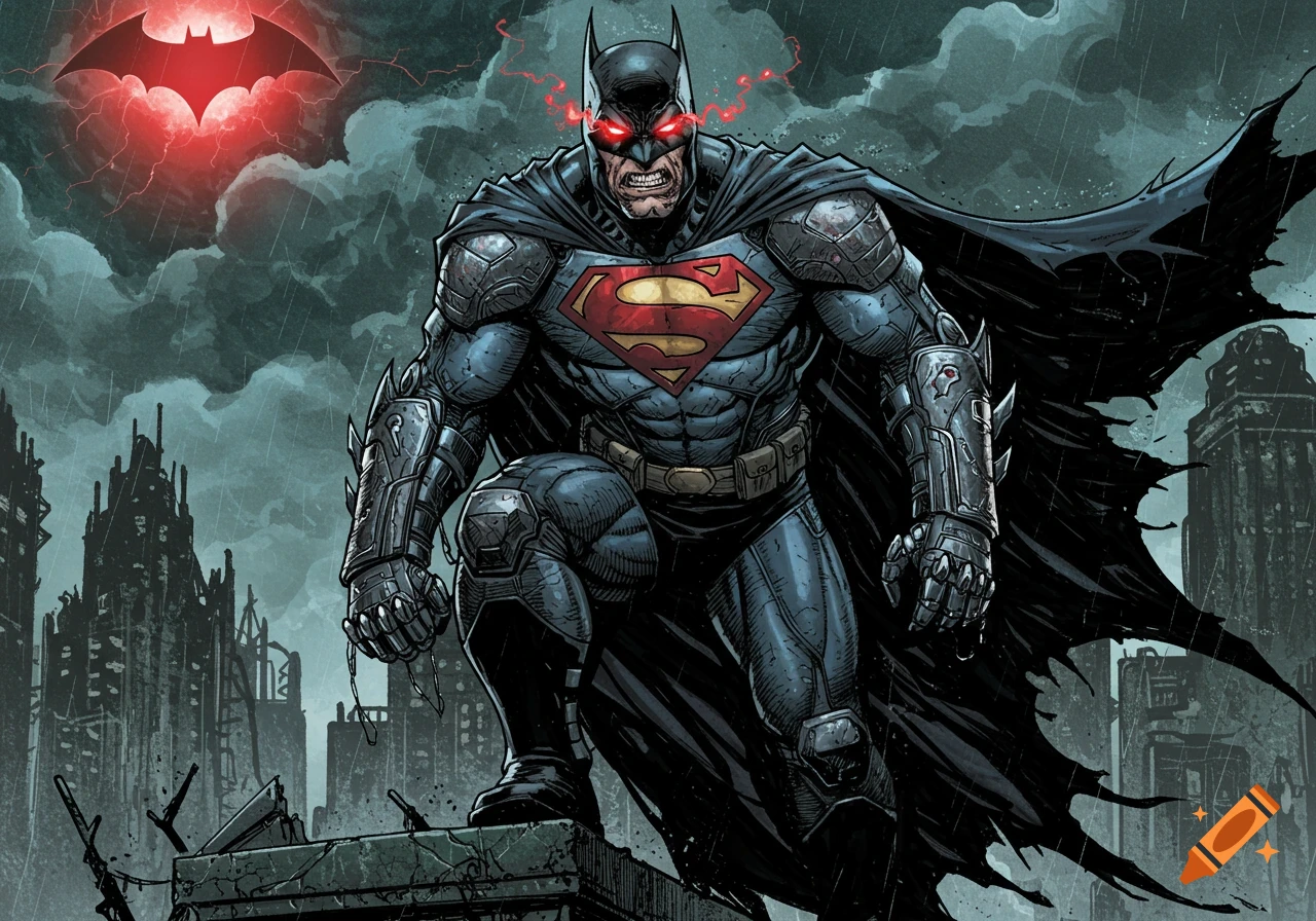 A grim Batman in a fusion suit with a Superman emblem and red glowing eyes stands on a ruined building against a dark, rainy sky with a red bat-signal.