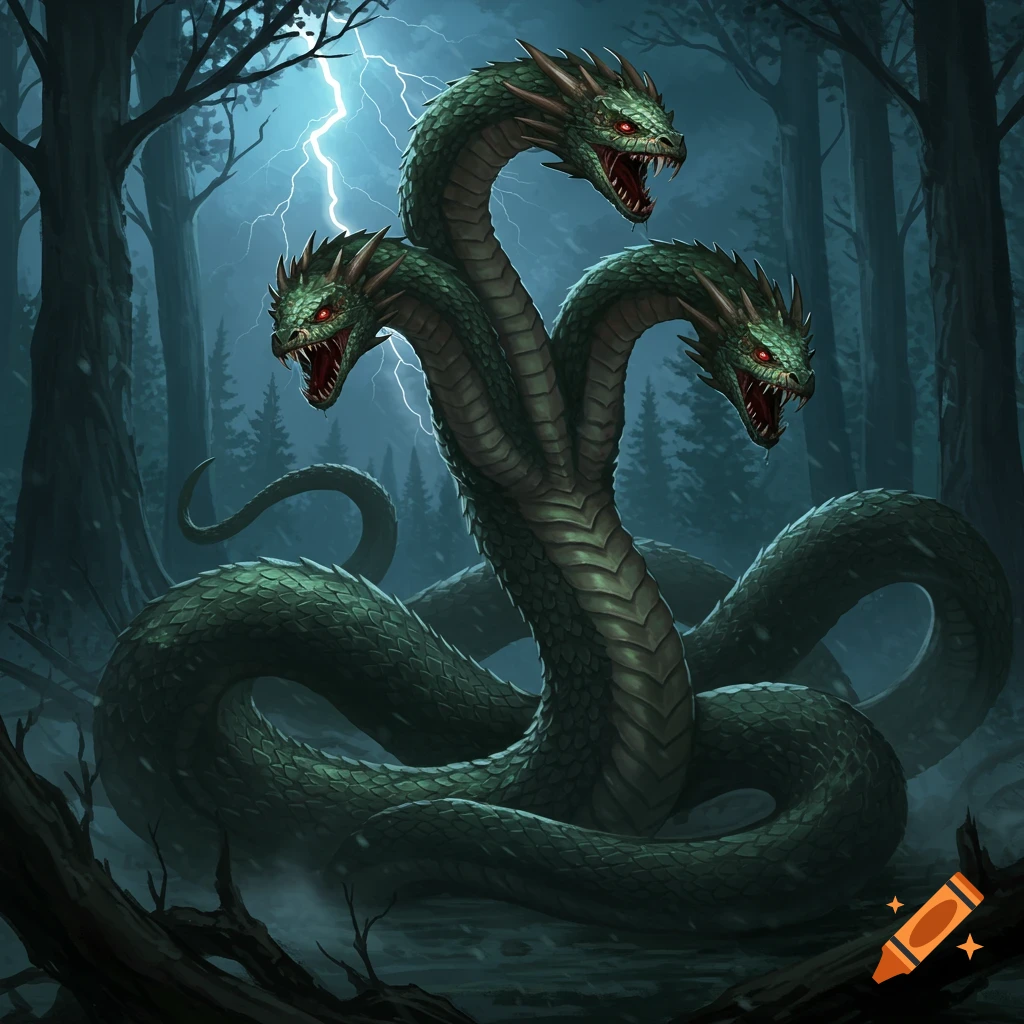 A three-headed green hydra rears back in a dark, misty forest as lightning illuminates the scene, digital art.