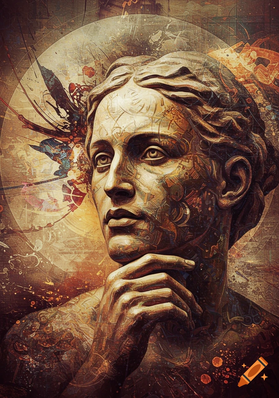 Stylized bust of a woman composed of intricate, mechanical-like patterns against an abstract, earthy-toned background.