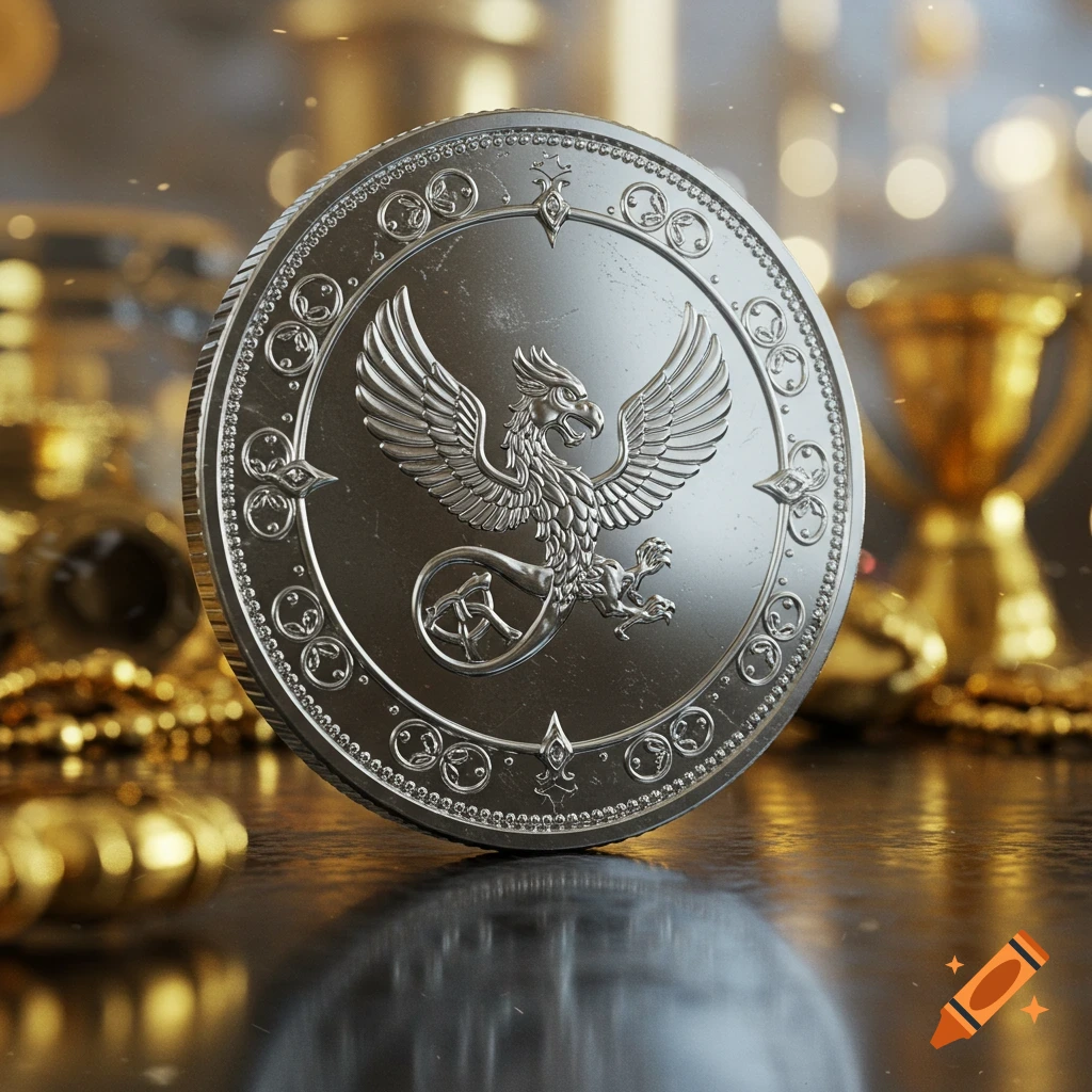 Photorealistic close-up of a detailed silver coin featuring an embossed griffin, surrounded by blurred gold items.