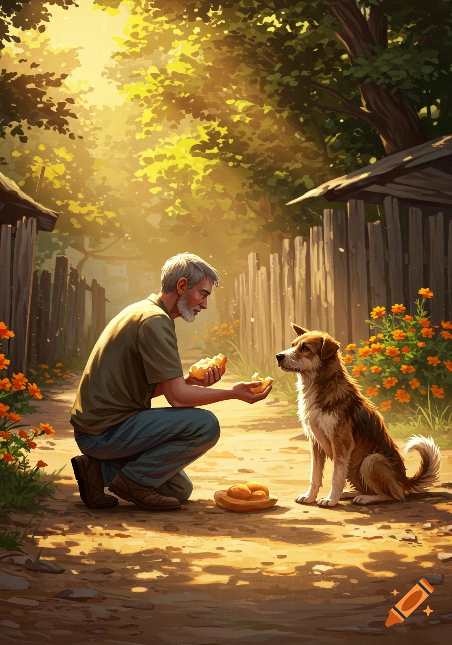 A man kneels on a sunlit dirt path, feeding bread to a dog in a stylized outdoor scene with fences and trees.