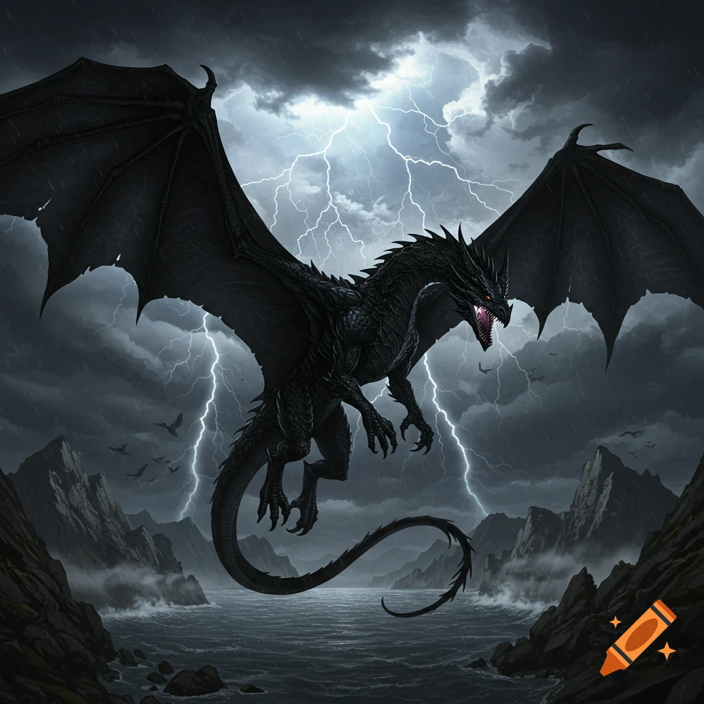A powerful black dragon with large wings flies through a stormy sky filled with lightning over a rough sea and dark mountains.