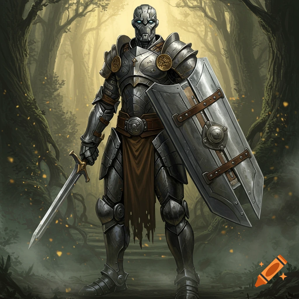 A warforged knight in intricate silver armor stands in a misty, ethereal forest, holding a sword and shield.