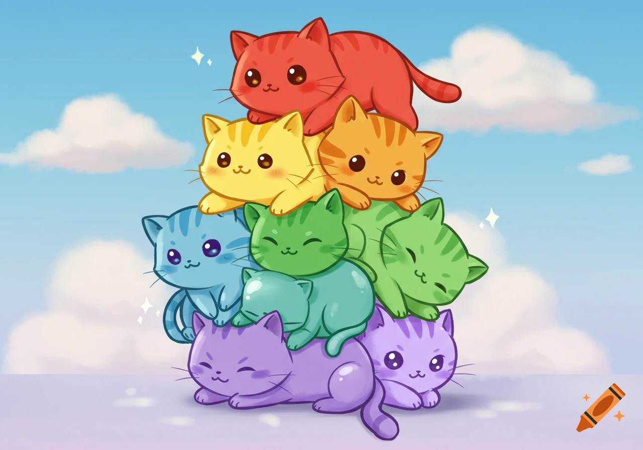 A stack of cute, rainbow-colored chibi cats against a blue sky, with a red cat on top and purple cats at the bottom.