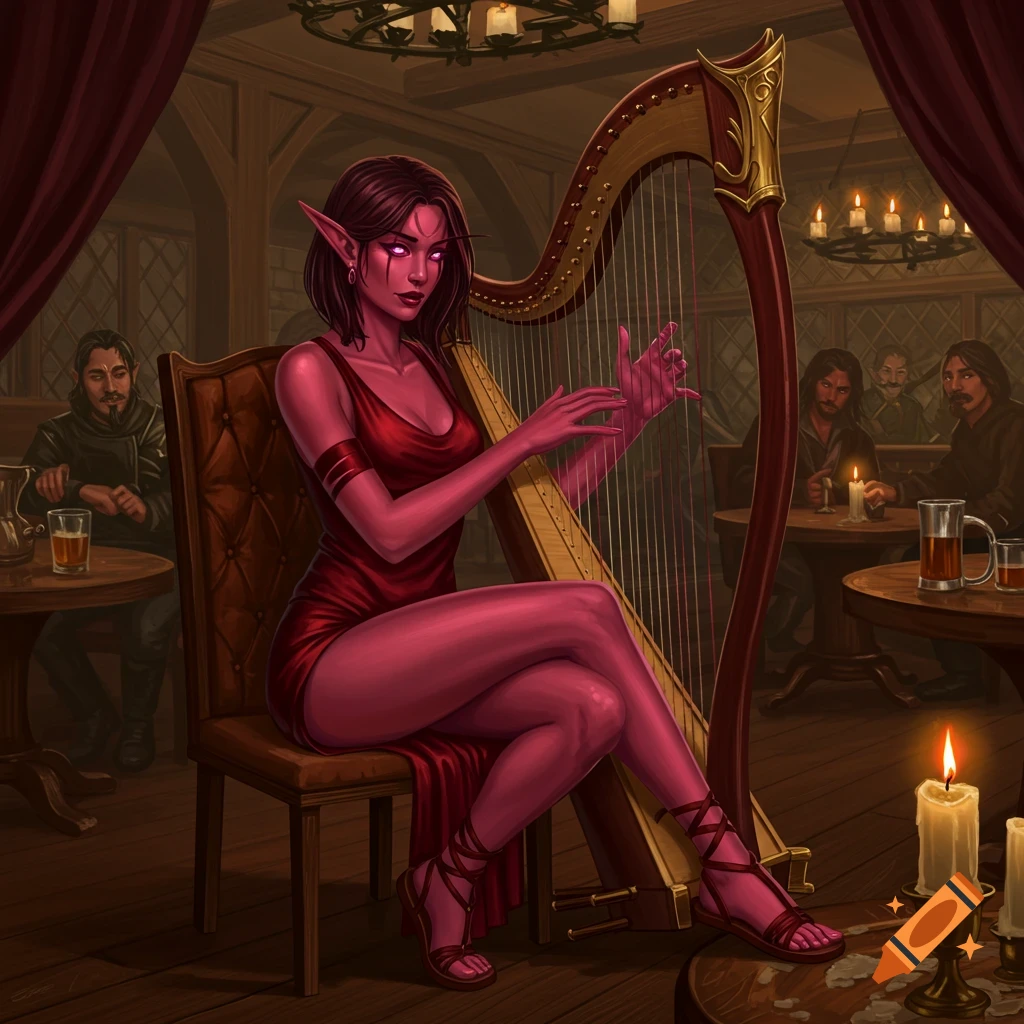 A dark red-skinned female elf with pink eyes and dark hair, wearing a crimson mini dress, plays a golden harp in a candlelit tavern.