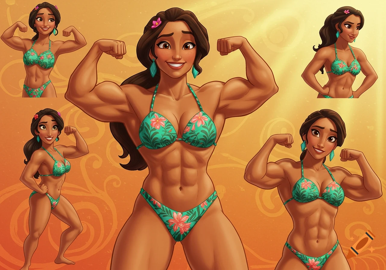 Cartoon woman with muscular physique wearing a floral bikini, flexing in a model sheet style.