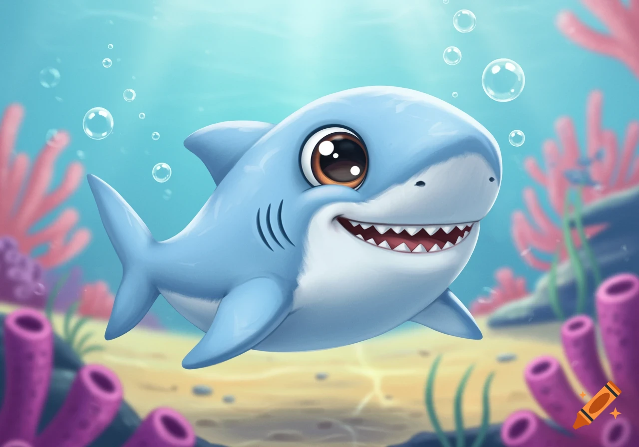 A cute, smiling cartoon shark with big eyes swims in a vibrant underwater scene with coral and bubbles.