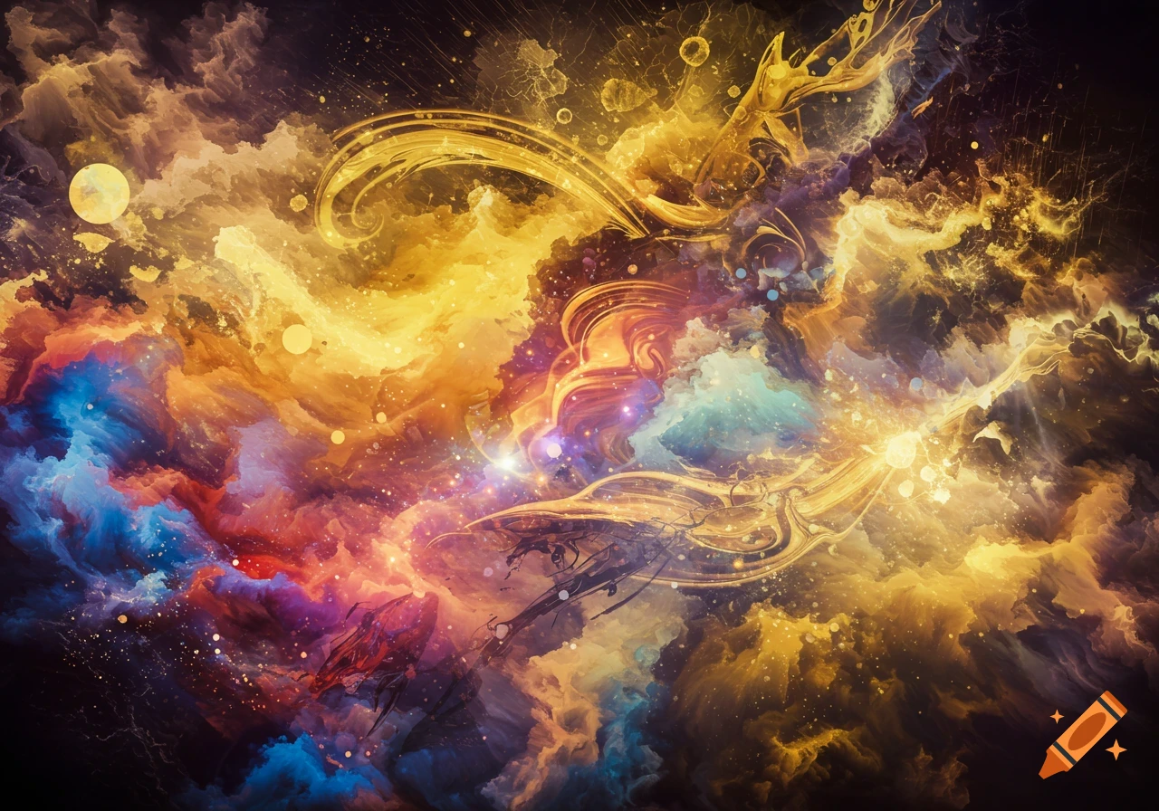 Vibrant abstract cosmic art with swirling yellow, orange, red, and blue nebulae, sparkling stars, and golden light.