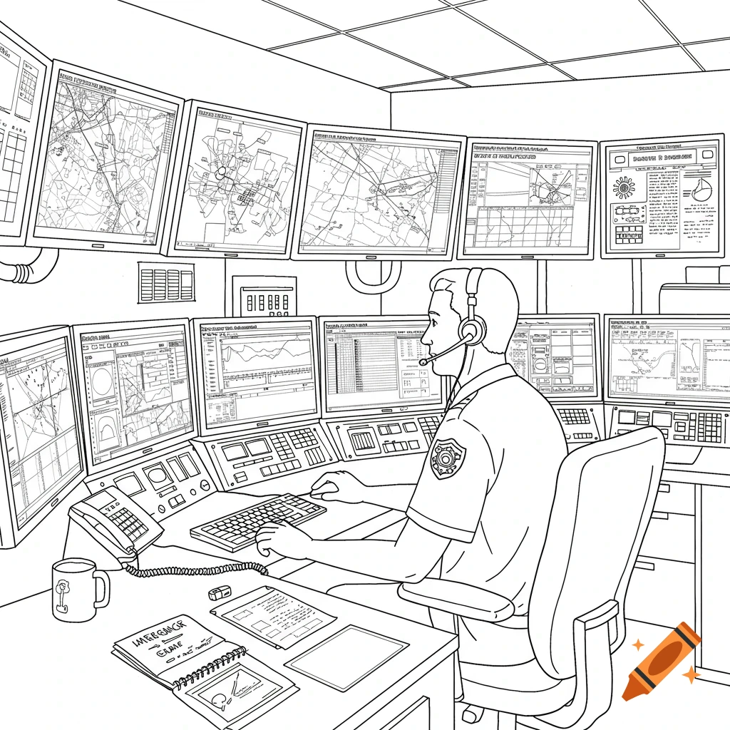 Line art coloring page of a 911 dispatcher with a headset, sitting at a desk in a control room surrounded by multiple monitors.