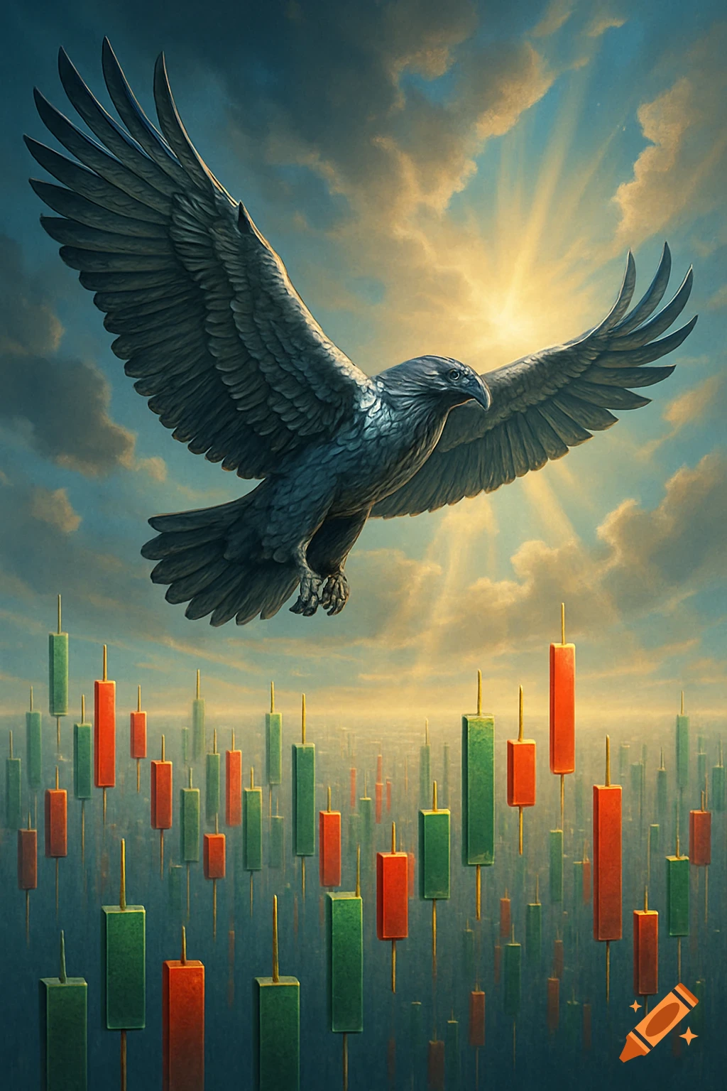 A powerful dark bird with wide wings soars above a landscape of green and red stock market candlestick charts under a cloudy, bright sky.