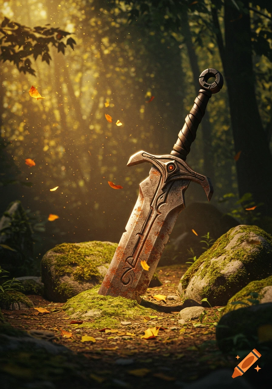 A photorealistic image of a rusty, asymmetric greatsword plunged into mossy ground in a sun-dappled forest with falling leaves.