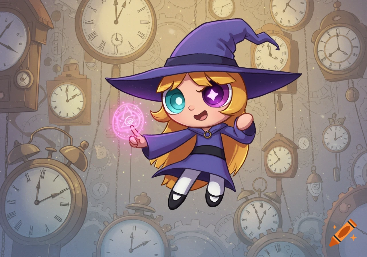 A cartoon mage girl in Powerpuff Girls style, floating and casting a spell against a background of vintage clocks.