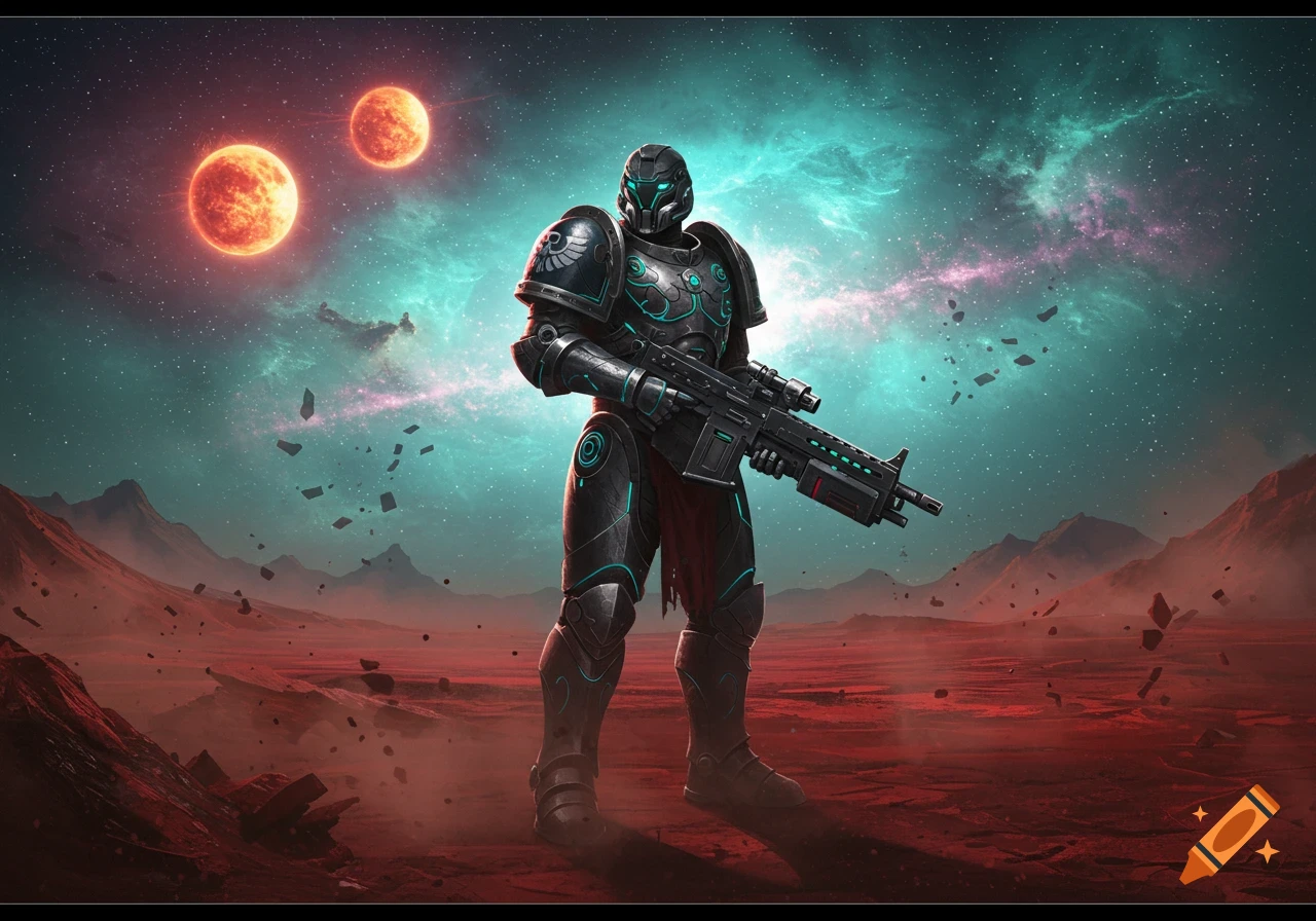 Heavily armored space marine with a rifle on a red alien planet under a nebula sky with two red suns.