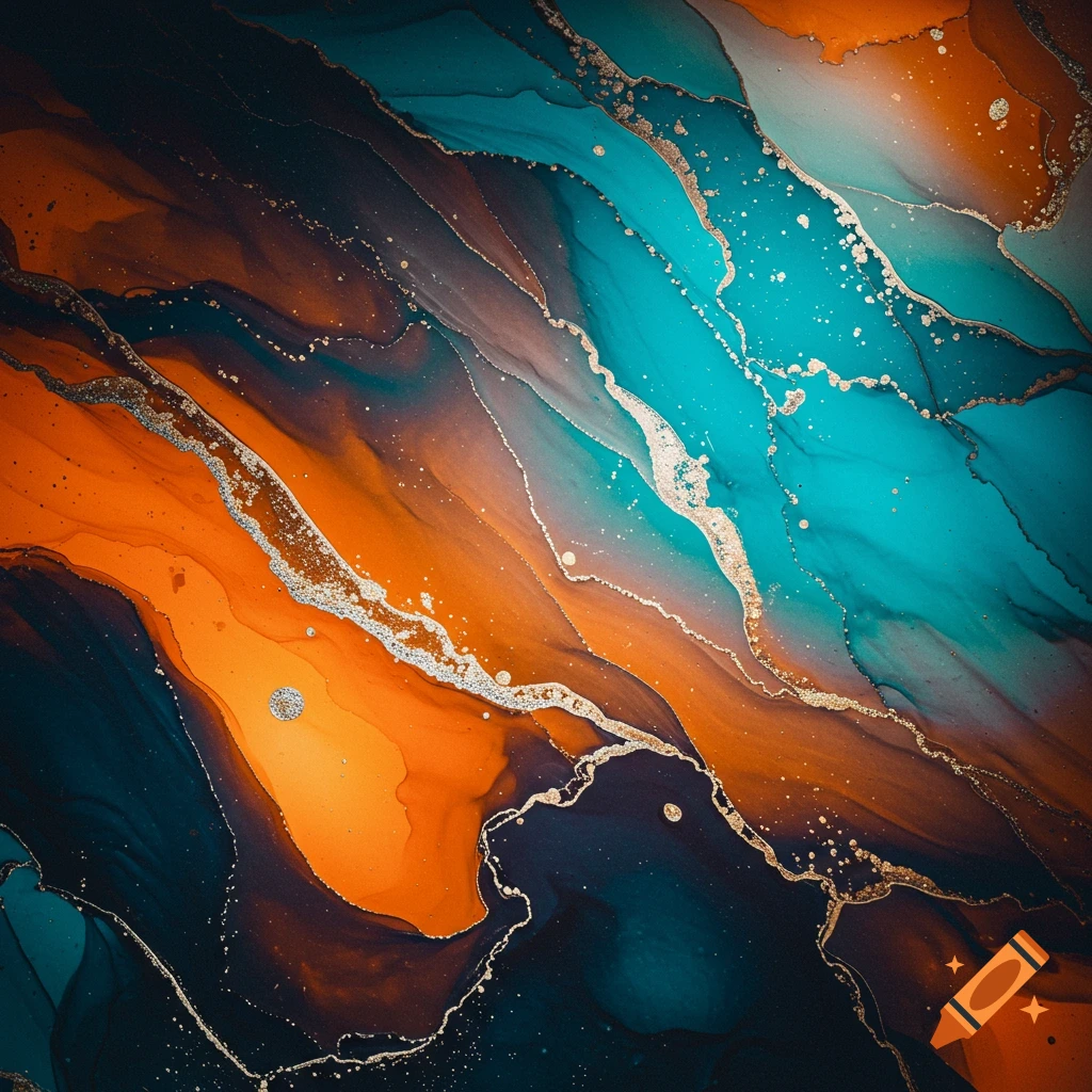 Abstract fluid art with swirling teal, orange, and deep blue inks interwoven with shimmering silver-gold glitter.