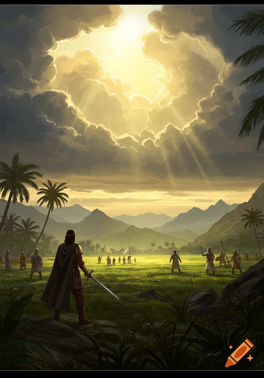 A cloaked figure with a sword stands in a tropical valley, facing a group under a dramatic sky with sun rays. Fantasy art.