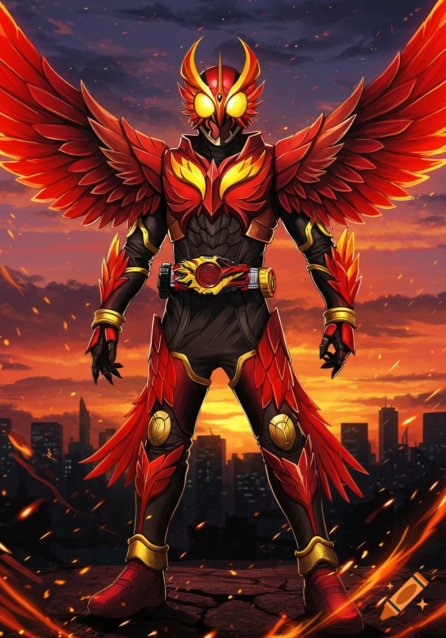 A humanoid Kamen Rider with large red and gold phoenix wings stands with fiery effects in a cityscape at sunset.