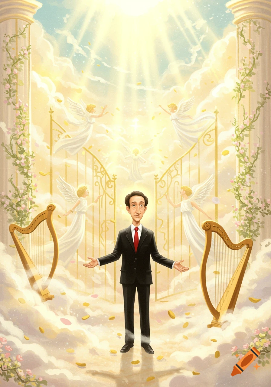 Cartoon man in a suit stands in a brightly lit heaven with golden gates, angels, harps, and pink flowers.