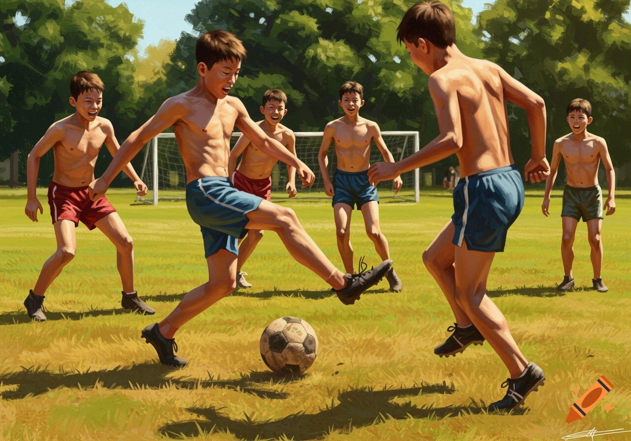 Painting of several shirtless boys in shorts playing soccer on a grassy field with trees in the background.