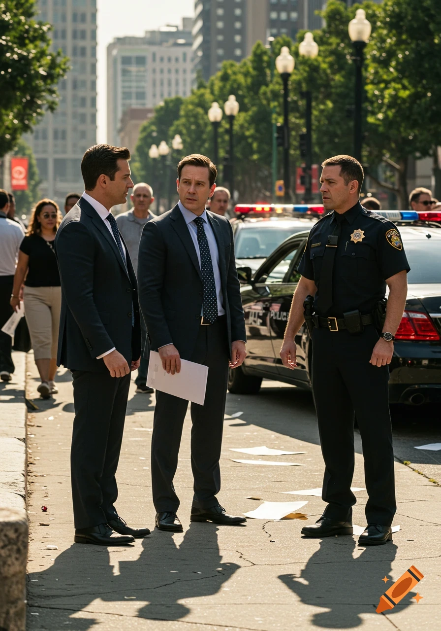 Two men in suits talking to a police officer next to a police car on a sunny city street.