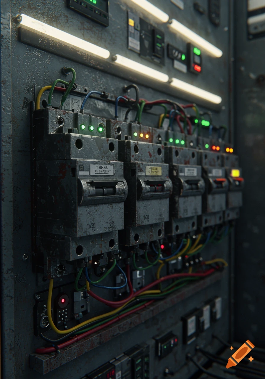 Close-up photorealistic image of a rusty electrical panel with circuit breakers, colorful wires, and glowing indicator lights.