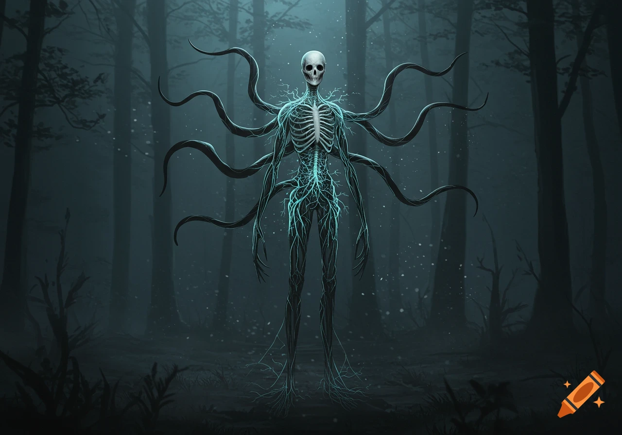 A glowing blue skeletal creature with multiple tendrils stands in a dark, misty forest.