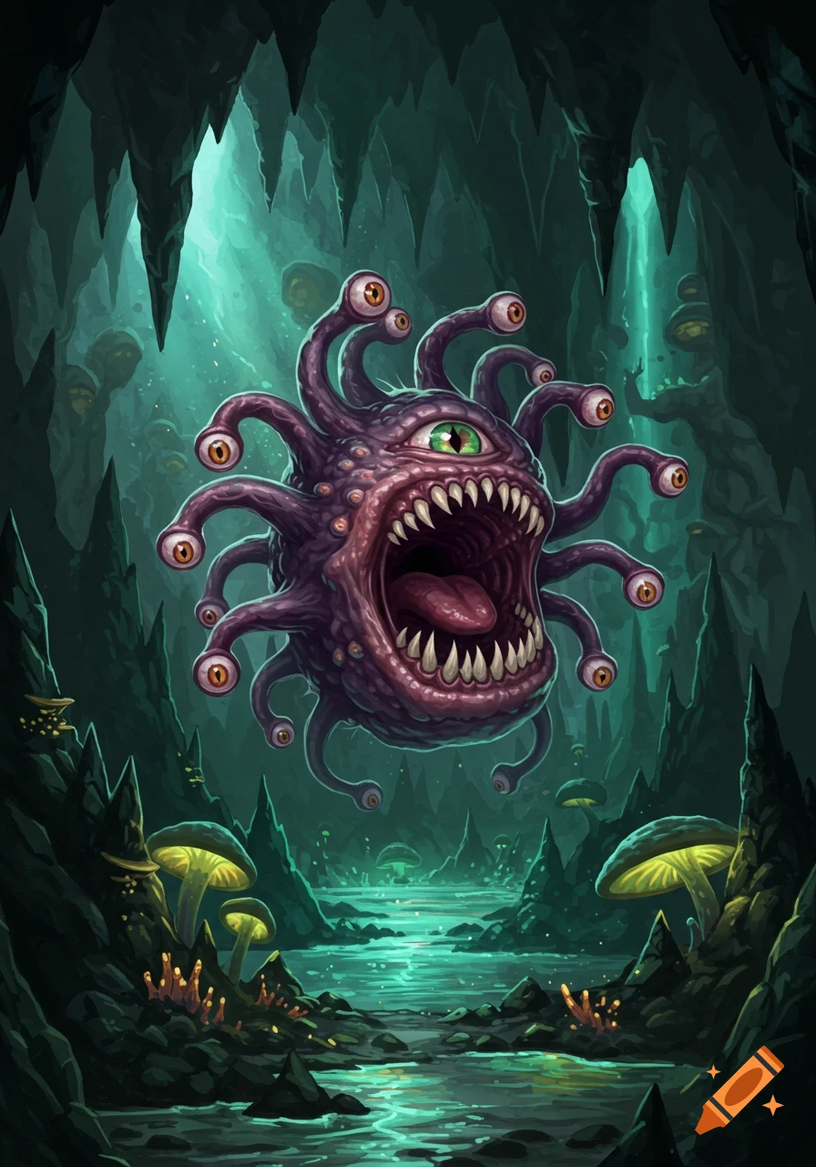 A menacing purple D&D Beholder monster with multiple eye stalks and a large fanged mouth, roaring in a glowing fantasy cave.