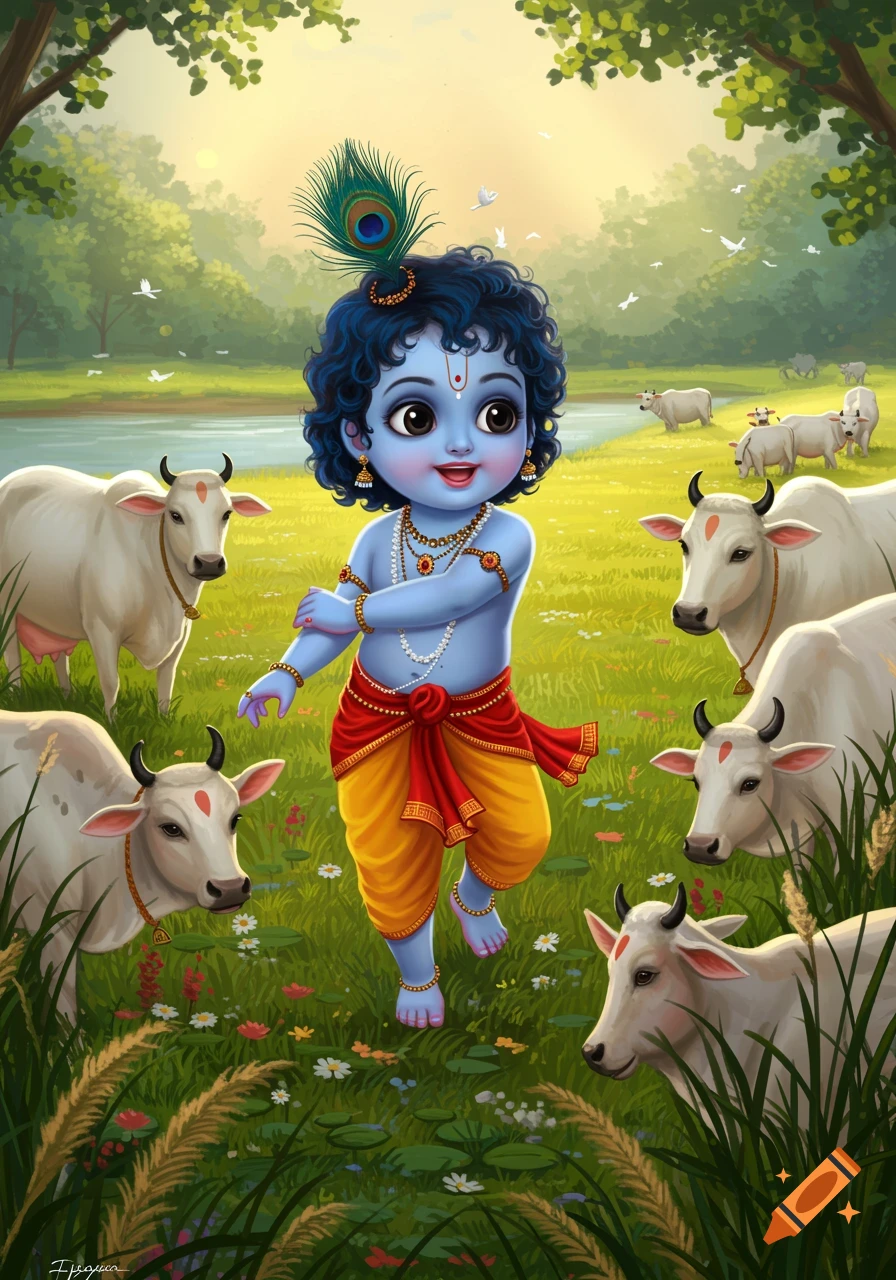 A cute, blue-skinned baby Krishna with curly hair and a peacock feather, surrounded by white cows in a lush green field by a river.