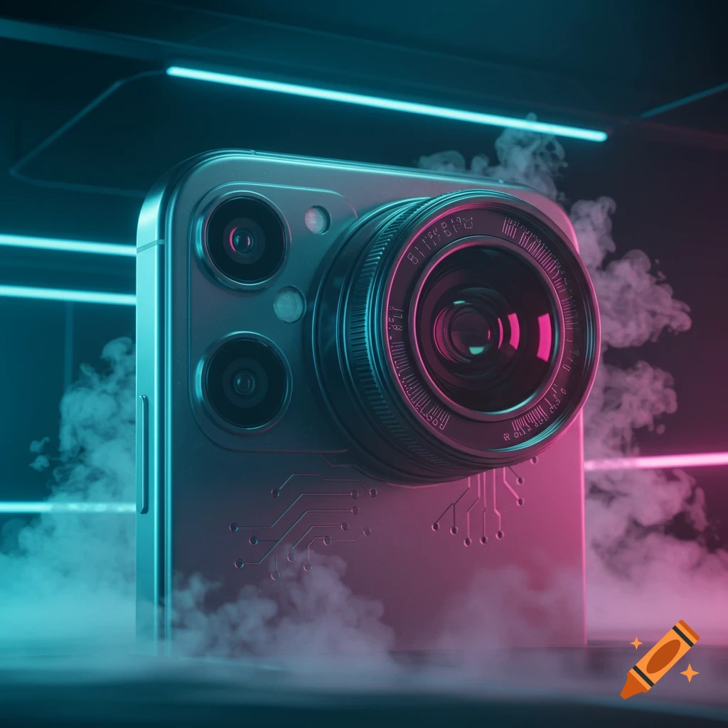 Close-up of a futuristic smartphone with a large camera lens, illuminated by neon pink and blue lights with smoke effects.