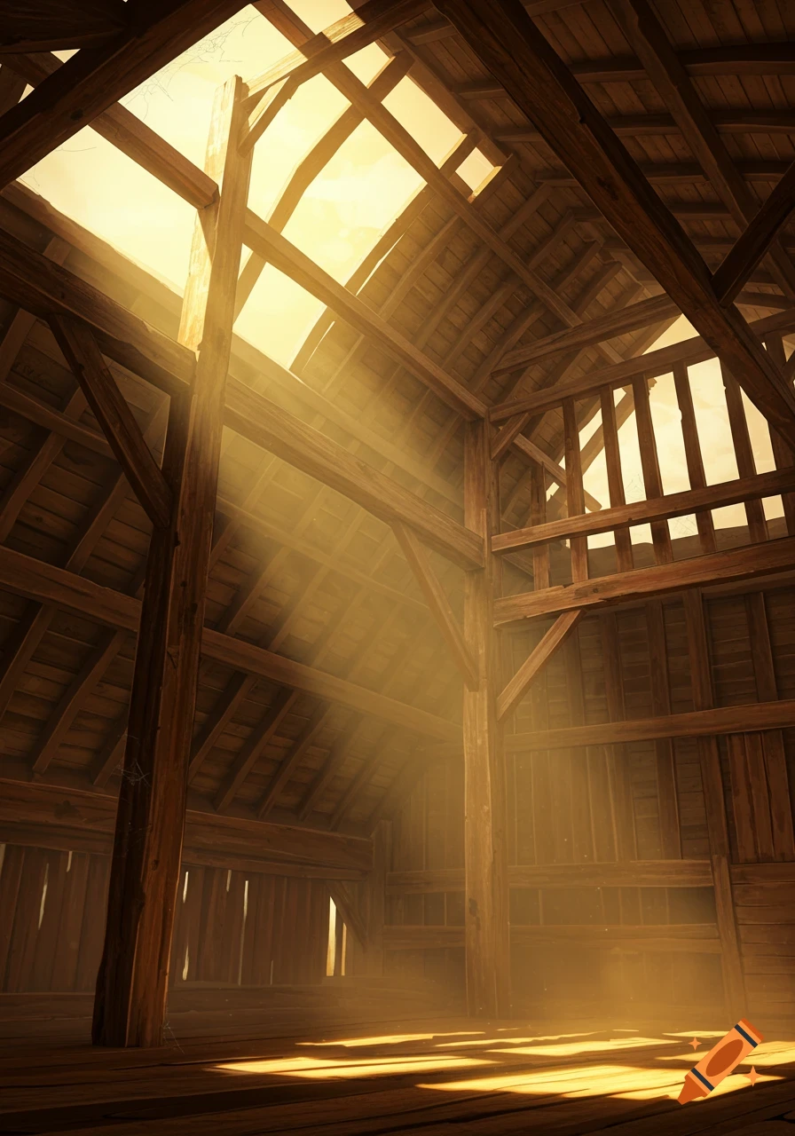 Sunlight streams through the open roof of a rustic wooden barn, illuminating the dusty interior.
