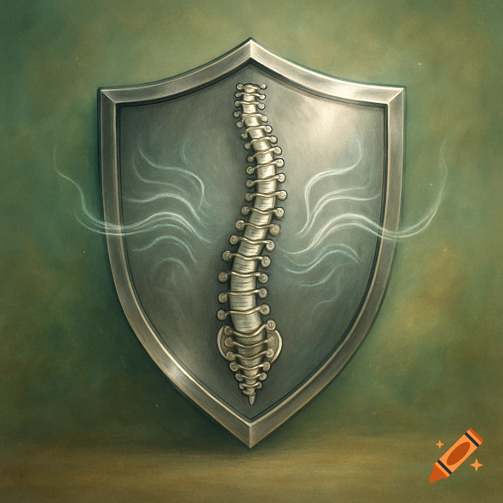 Stylized skeletal spine in relief on a metallic shield, with wisps of light, against a green background.