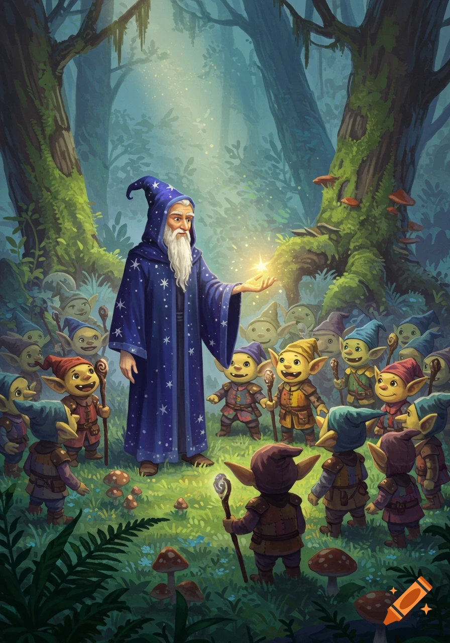A wizard in a blue robe holds a glowing orb, surrounded by cheerful goblins in a magical forest illustration.