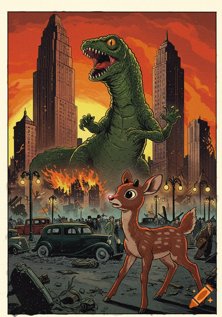 Pulp book style illustration of Rudolph the deer standing in a ruined city with a giant lizard monster destroying buildings in the background.