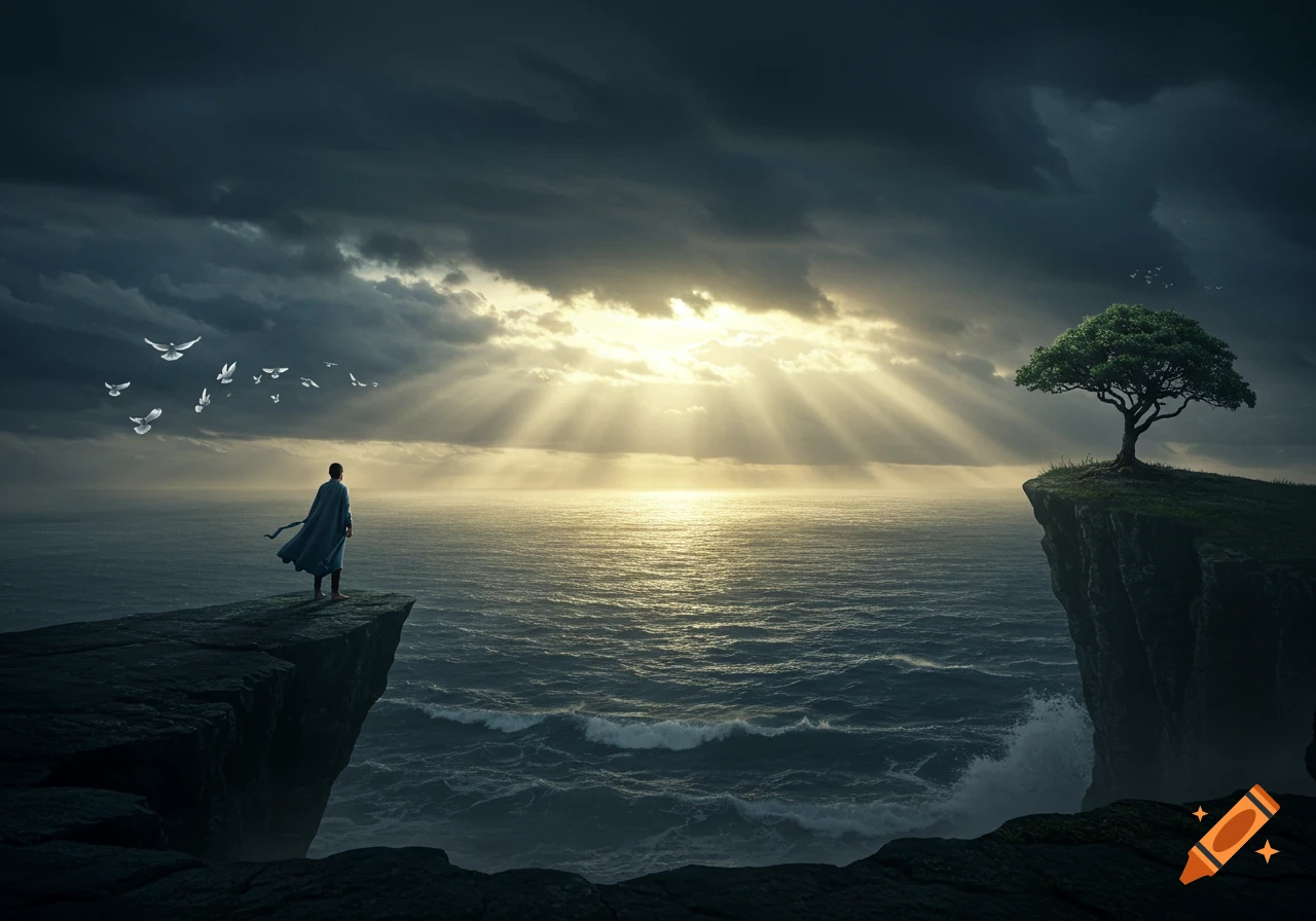 A cloaked figure stands on a cliff, gazing at a sunlit ocean under stormy skies, with a lone tree on a distant cliff.