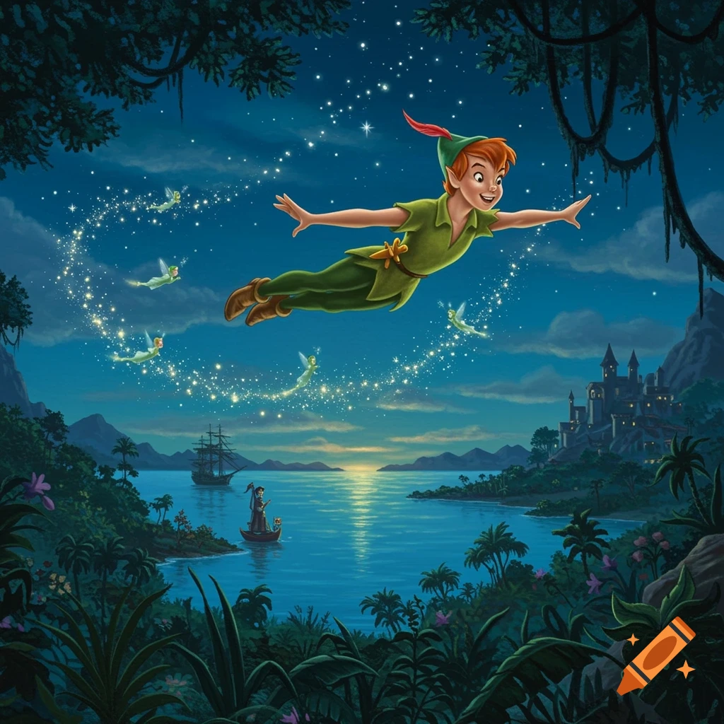 Peter Pan flies through a starry night sky above a moonlit bay with a pirate ship, castle, and fairies, in an animated illustration.