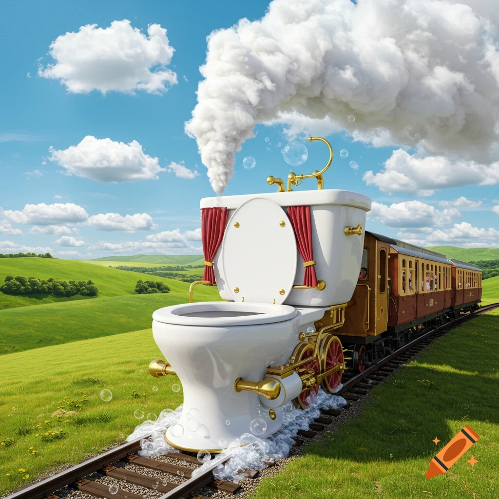 A whimsical train with a toilet as its locomotive, puffing steam and bubbles, travels on tracks through a lush green landscape under a blue sky.