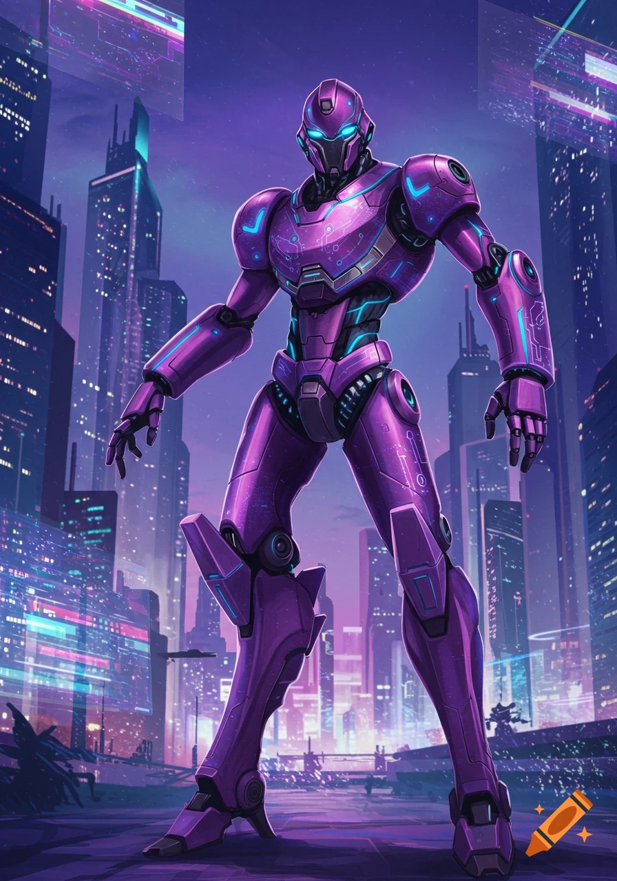 A large, purple, armored robot with glowing blue accents stands in a futuristic city at night.