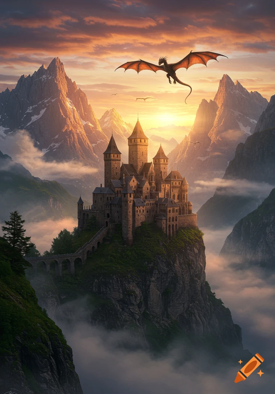 A majestic medieval castle on a misty mountain peak at sunset, with a dragon flying overhead against a vibrant sky.