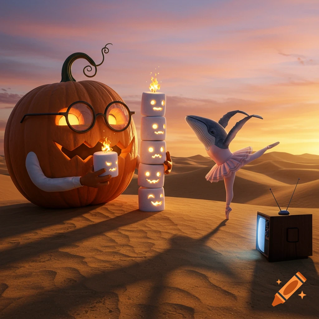 A pumpkin with glasses holds a candle near a stack of glowing marshmallow ghosts as a whale ballerina dances, watching TV in a desert at sunset.