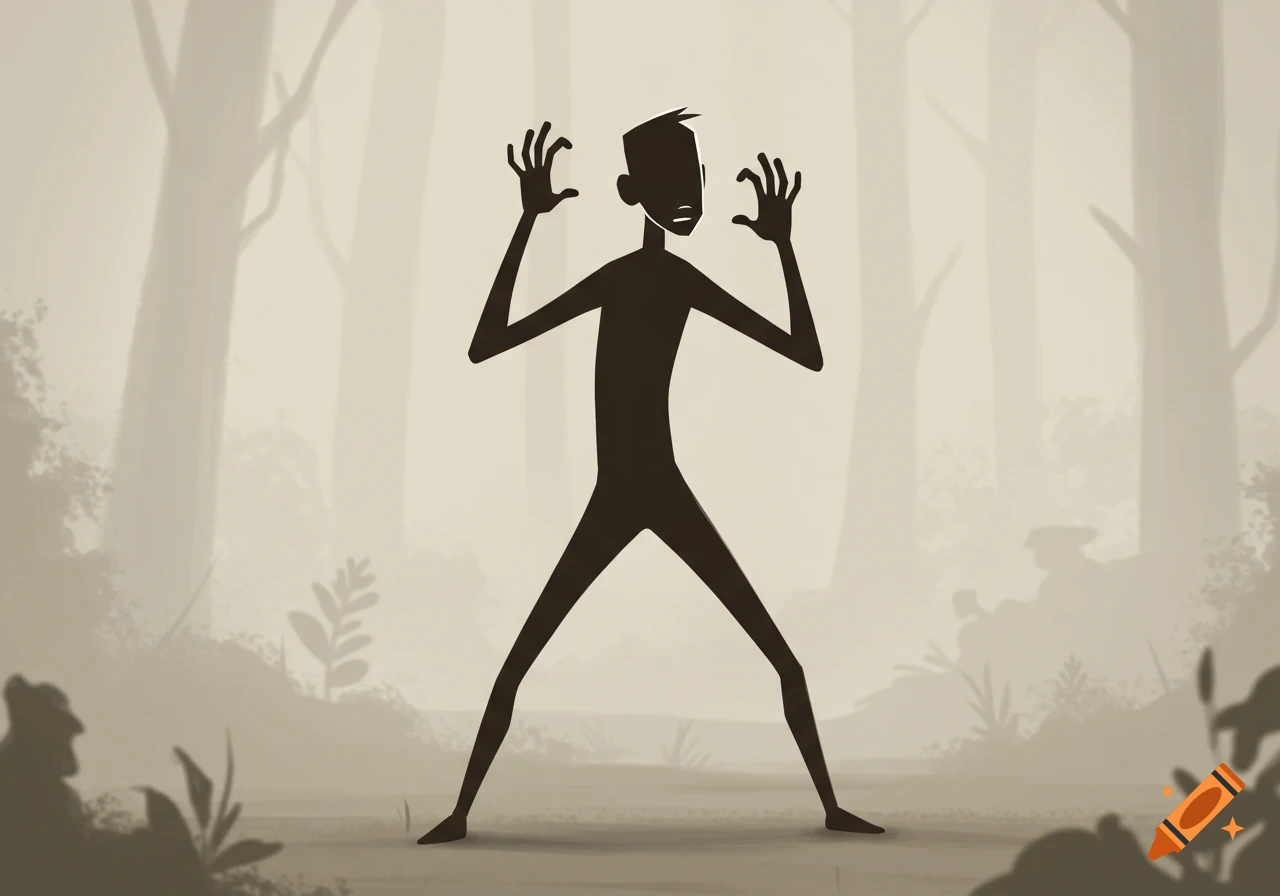 A stylized dark silhouette of a man with his hands raised in a misty forest, looking scared.