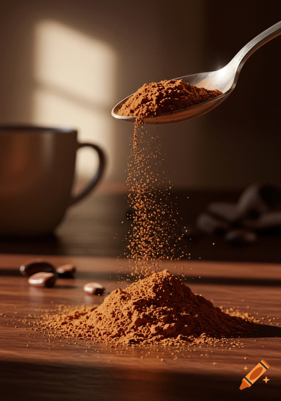 Photorealistic close-up of cocoa powder pouring from a spoon onto a wooden surface, with a blurred mug and beans.