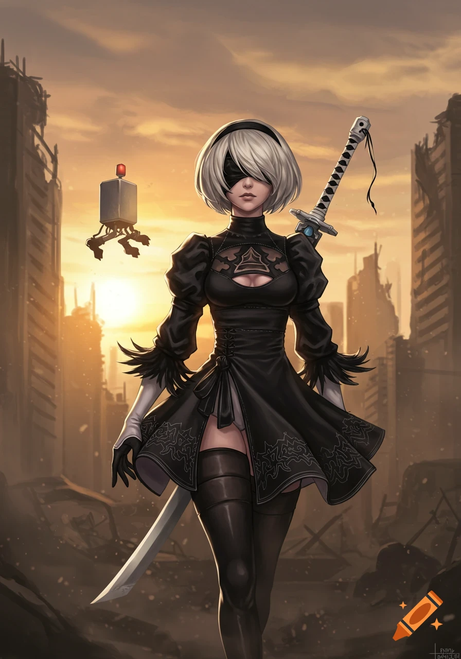 An anime illustration of 2B from Nier, standing in a ruined city at sunset with a robot and katana.