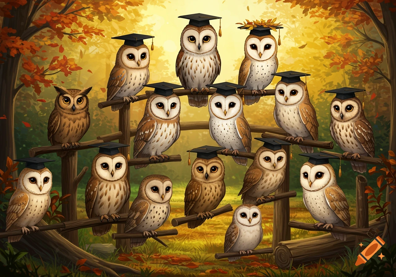 A group of cute owls wearing graduation caps perch on branches in an autumn forest.